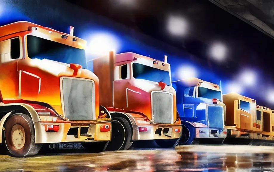 Painting of trucks in a truck yard at night | Warehouse Finder